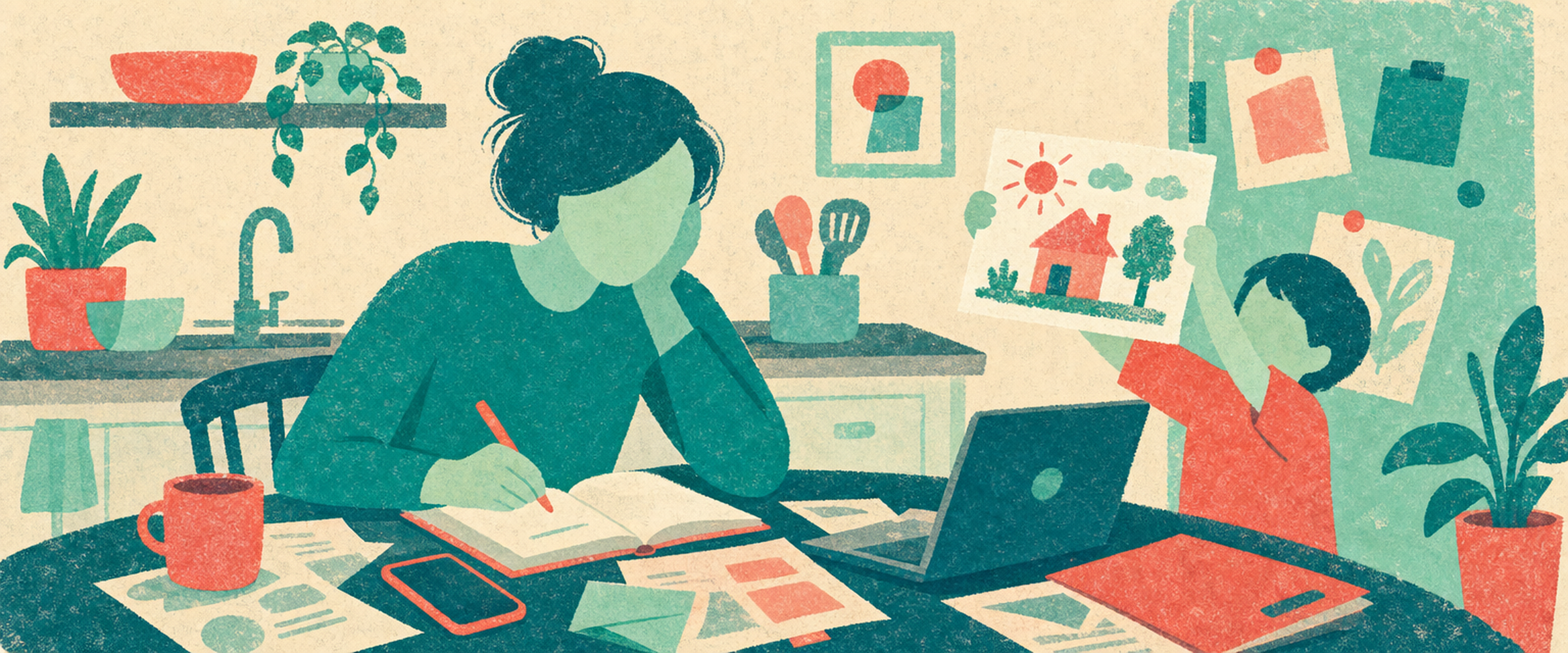 Illustration of a parent at a kitchen table managing family life while a child holds up a drawing