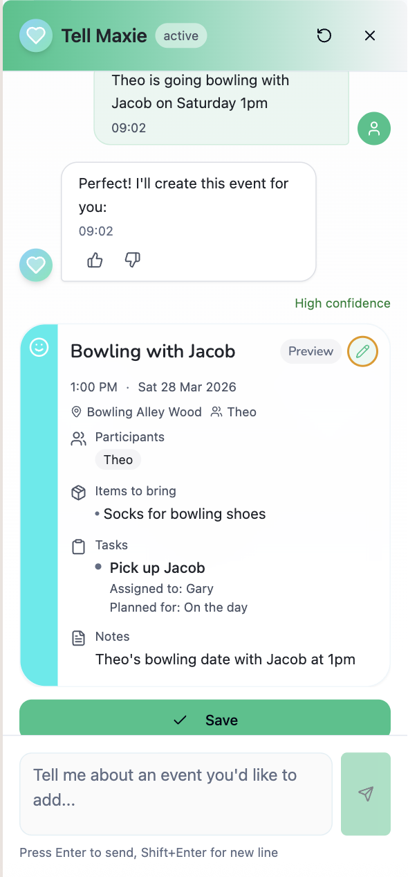 Maxie TellMaxie chat creating a bowling event from a simple message