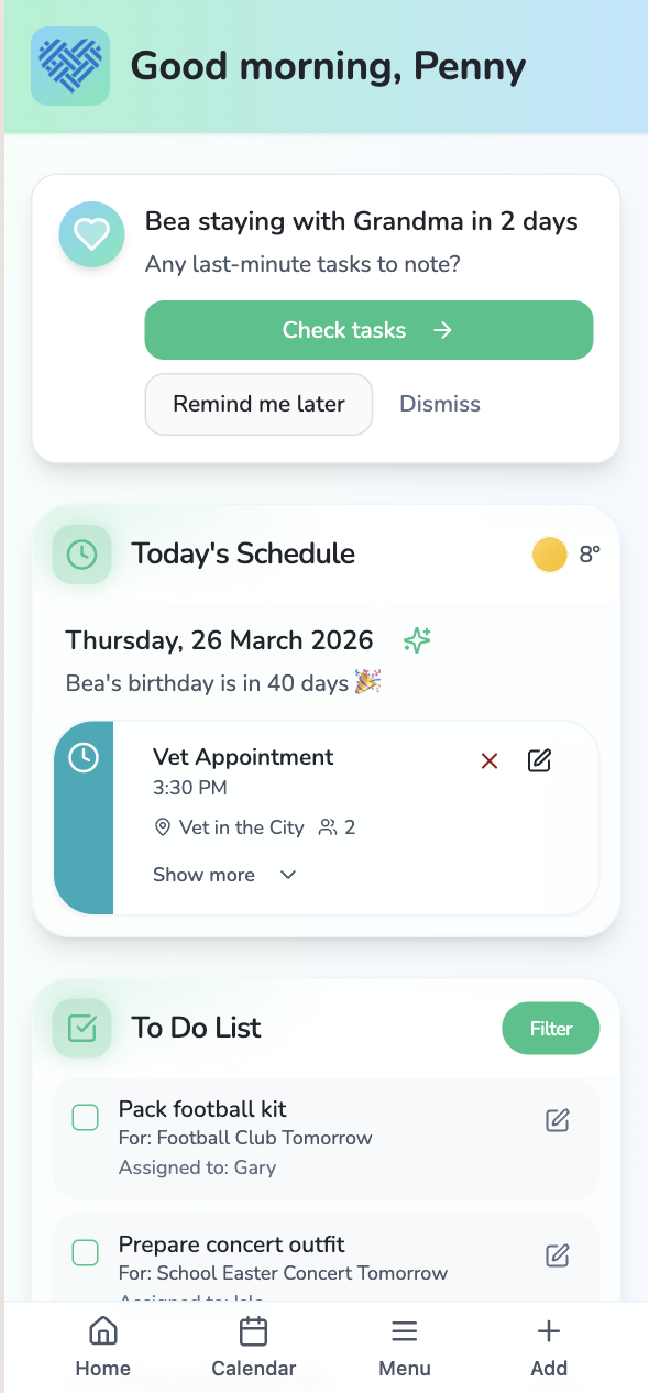 Maxie home screen showing today's schedule, tasks and reminders