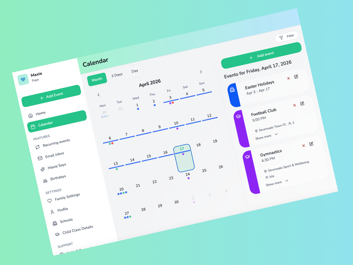 Maxie app calendar view showing family events like Easter Holidays, Football Club and Gymnastics