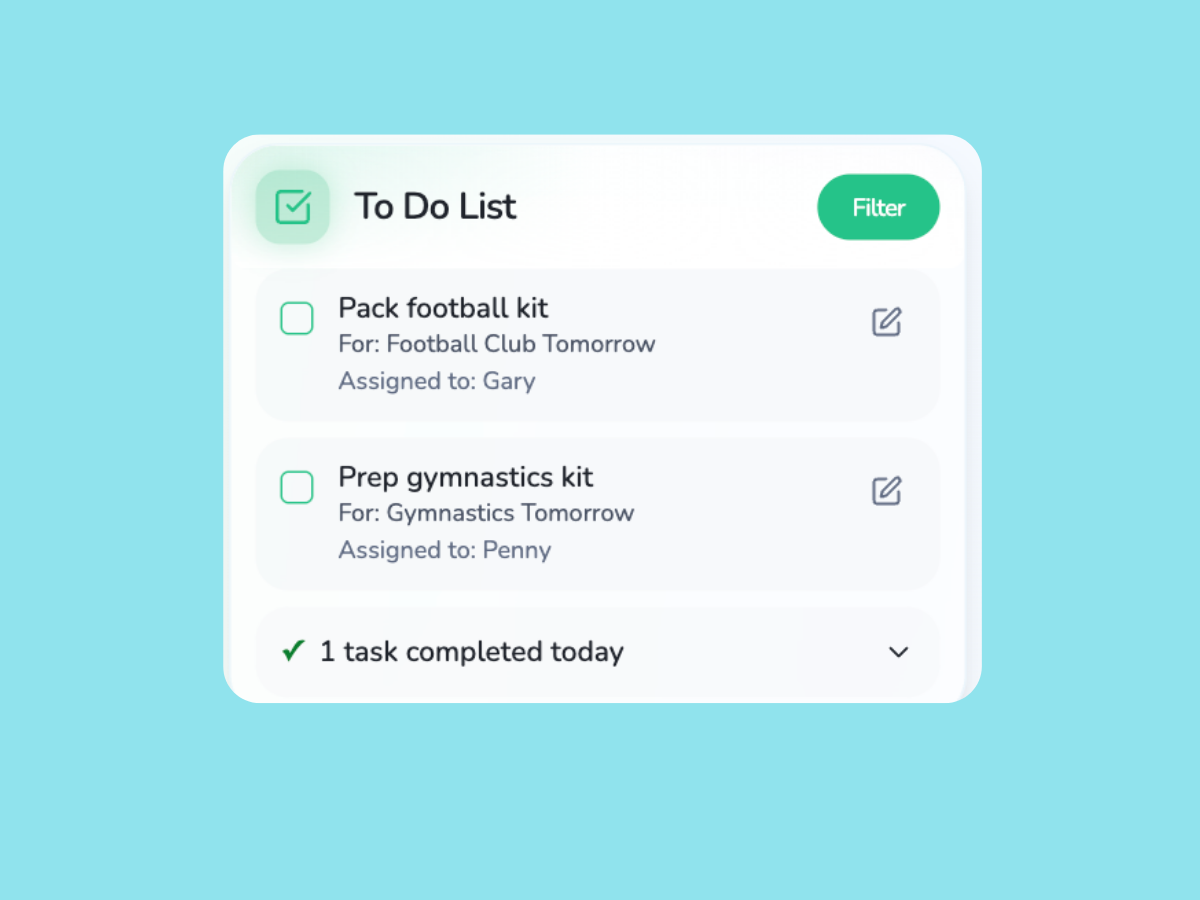 Maxie app showing To Do List with prep tasks like Pack football kit and Prep gymnastics kit