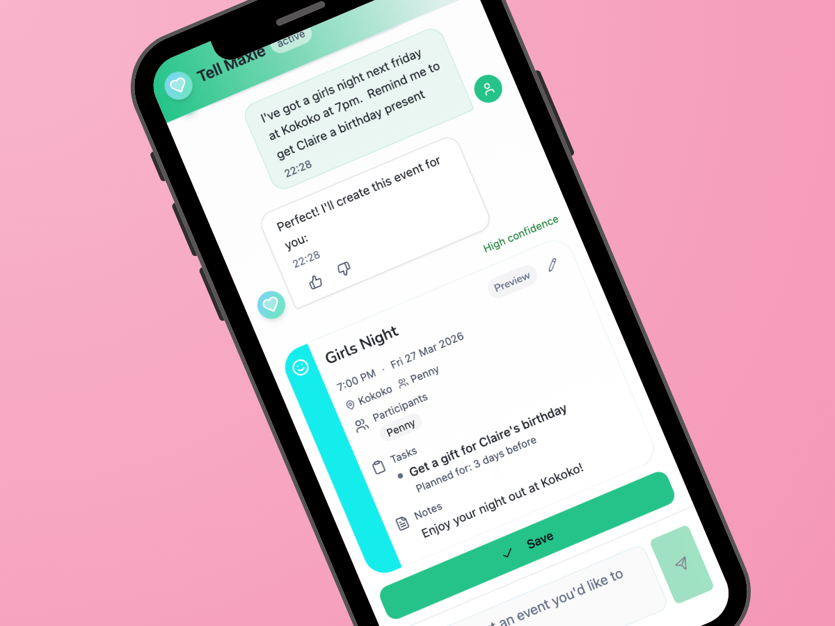Maxie app showing AI chat creating a Girls Night event with tasks and reminders