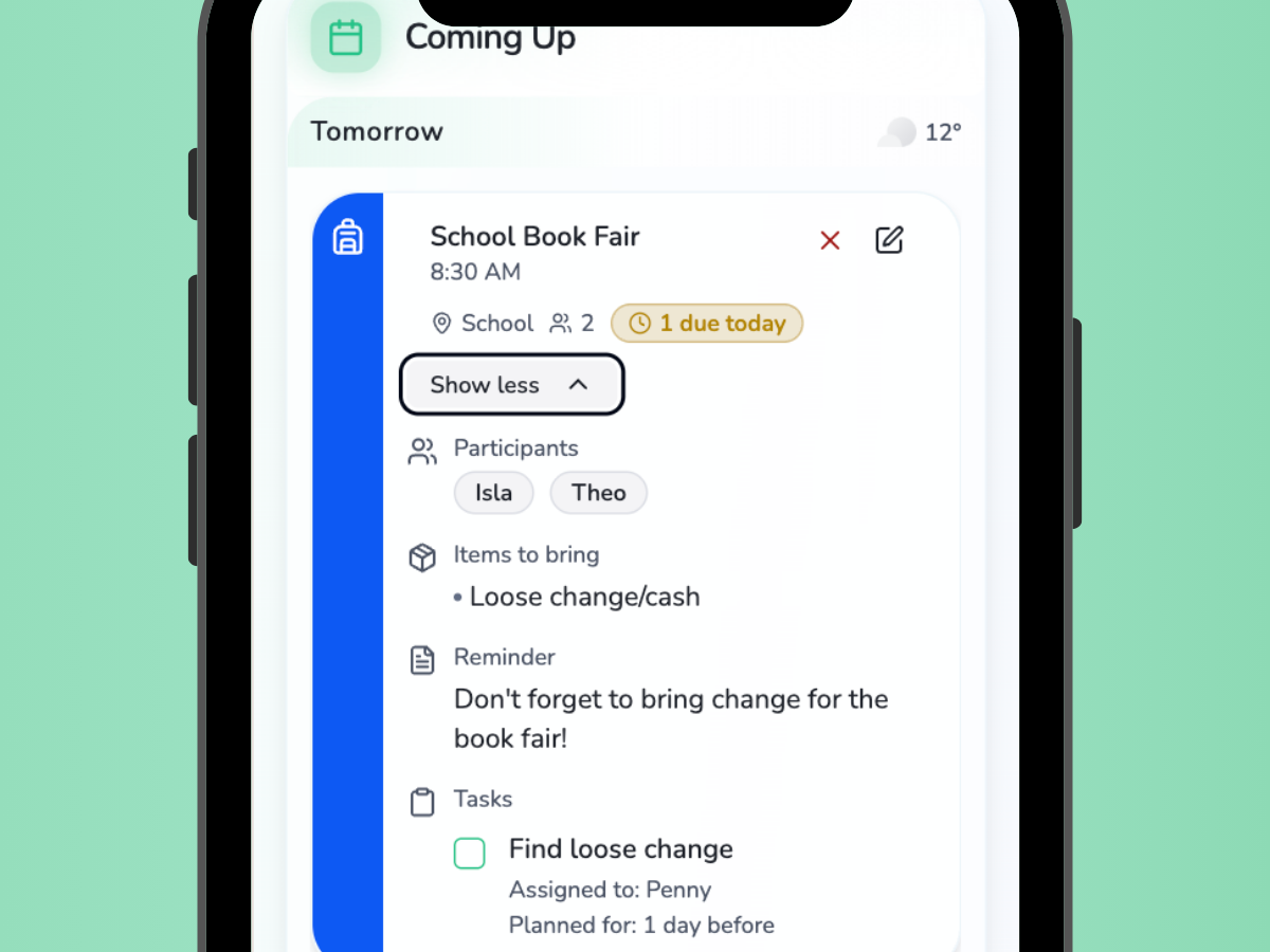 Maxie app showing School Book Fair event with prep tasks and reminders