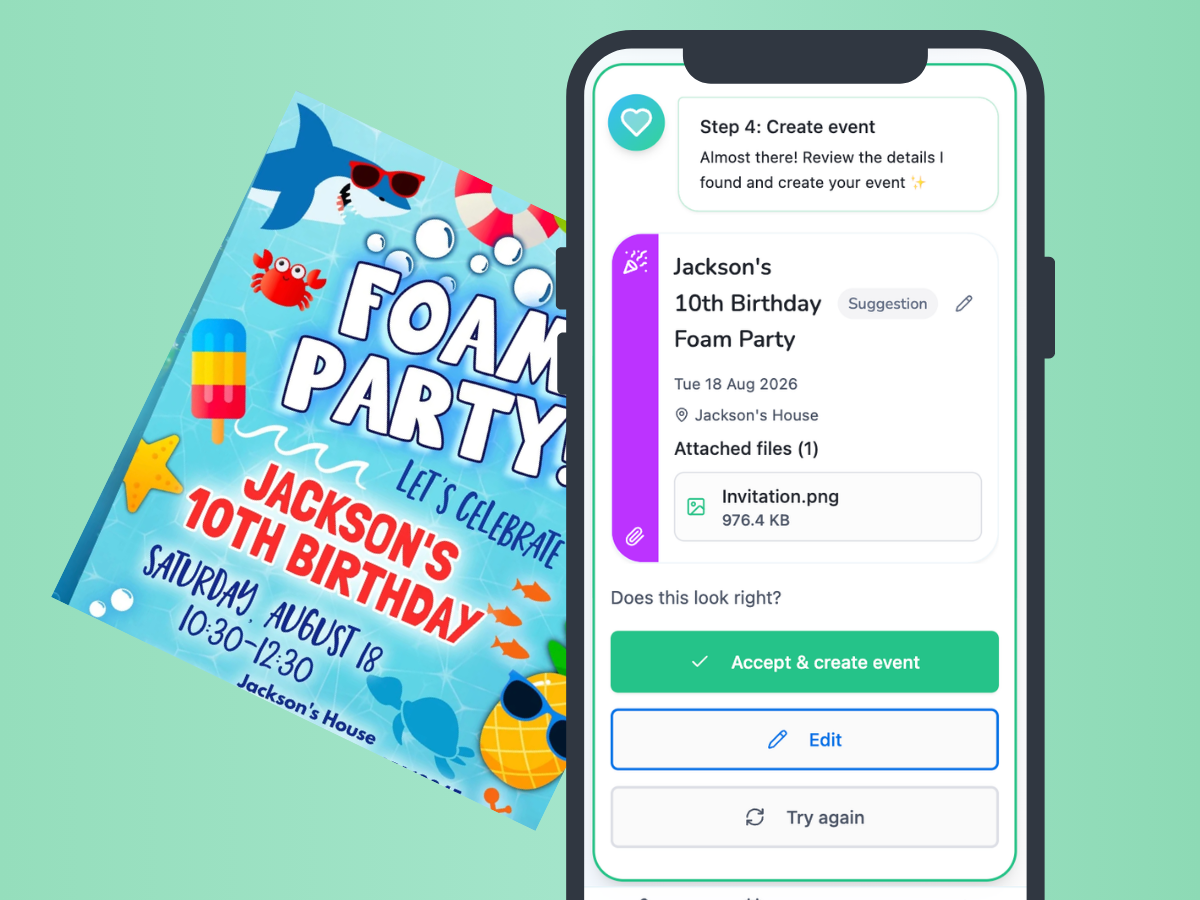 Maxie app creating a calendar event from a party invitation photo